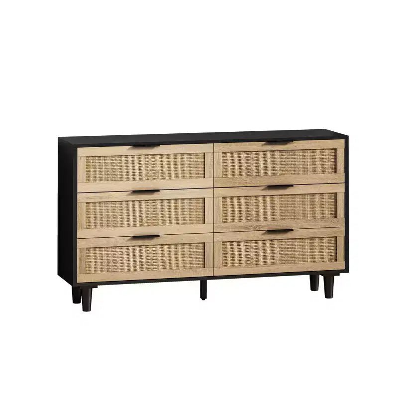 JVNOXK 51.18-inch 6-Drawer Modern Natural Rattan Storage Cabinet with Smooth-Gliding Rails, Suitable for Bedrooms and Living Rooms, Black