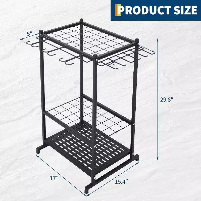 3-Tier Steel Garden Tool Organizer Rack,Freestanding Storage Shelf with Long-Handled Tool Slots & Hooks,Holds Up to 35 Tools for Garage, Rack, Yard
