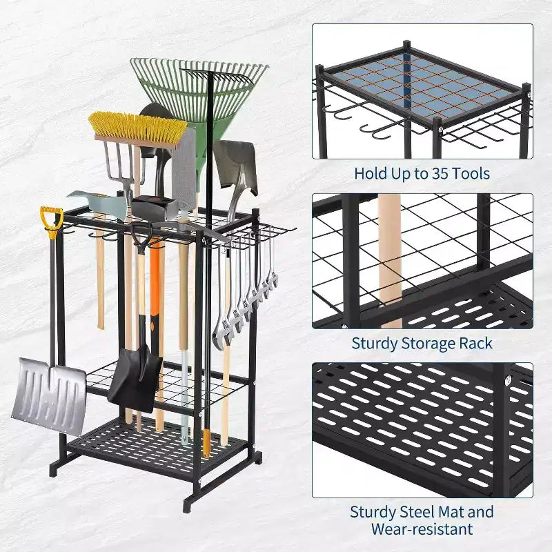 3-Tier Steel Garden Tool Organizer Rack,Freestanding Storage Shelf with Long-Handled Tool Slots & Hooks,Holds Up to 35 Tools for Garage, Rack, Yard