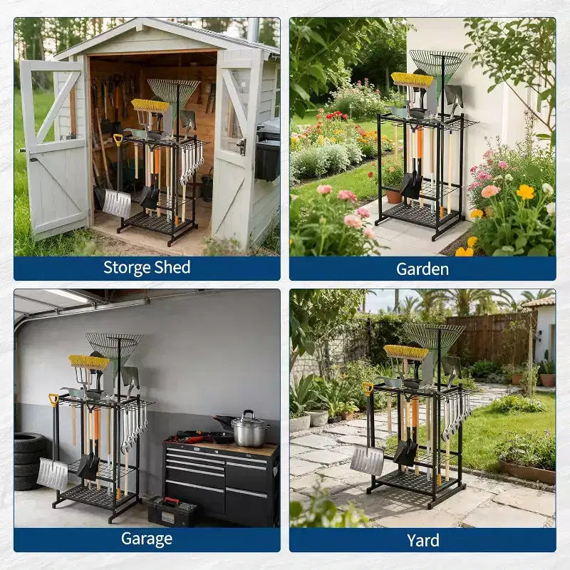 3-Tier Steel Garden Tool Organizer Rack,Freestanding Storage Shelf with Long-Handled Tool Slots & Hooks,Holds Up to 35 Tools for Garage, Rack, Yard