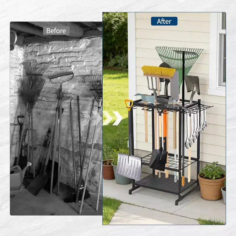 3-Tier Steel Garden Tool Organizer Rack,Freestanding Storage Shelf with Long-Handled Tool Slots & Hooks,Holds Up to 35 Tools for Garage, Rack, Yard