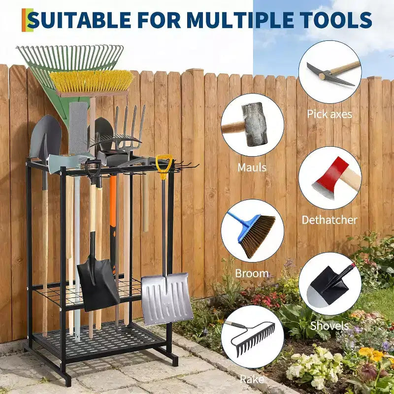 3-Tier Steel Garden Tool Organizer Rack,Freestanding Storage Shelf with Long-Handled Tool Slots & Hooks,Holds Up to 35 Tools for Garage, Rack, Yard
