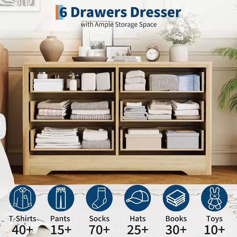 Dresser for Bedroom with 6 Drawers, 47.2'' Wide Chest of Large Decorative Drawer Front with Large Clothes Storage Cabinet, Wood Bedroom Dresser