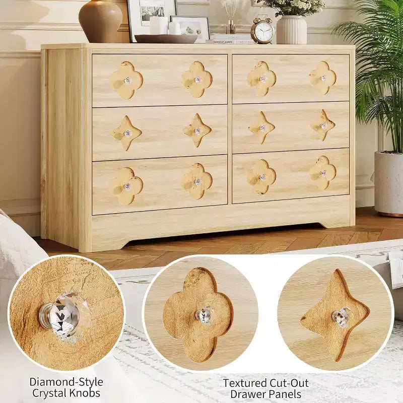 Dresser for Bedroom with 6 Drawers, 47.2'' Wide Chest of Large Decorative Drawer Front with Large Clothes Storage Cabinet, Wood Bedroom Dresser