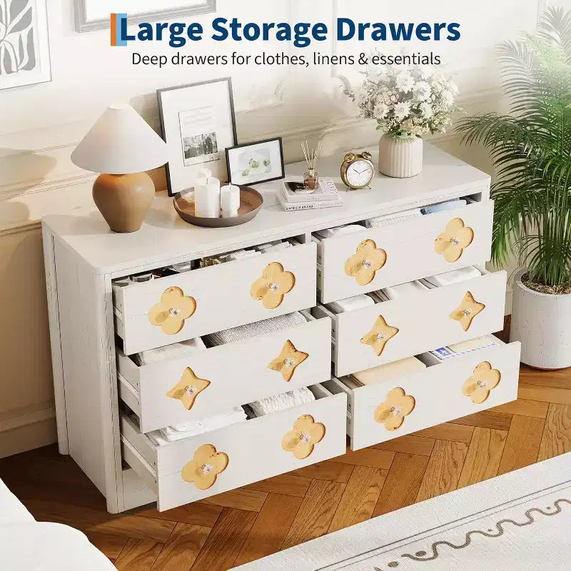 Dresser for Bedroom with 6 Drawers, 47.2'' Wide Chest of Large Decorative Drawer Front with Large Clothes Storage Cabinet, Wood Bedroom Dresser