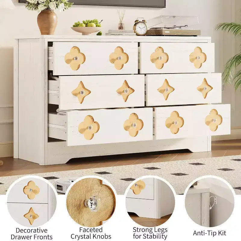 Dresser for Bedroom with 6 Drawers, 47.2'' Wide Chest of Large Decorative Drawer Front with Large Clothes Storage Cabinet, Wood Bedroom Dresser