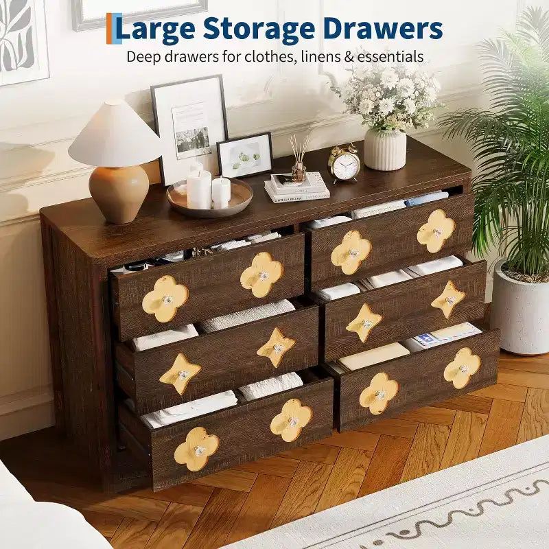Dresser for Bedroom with 6 Drawers, 47.2'' Wide Chest of Large Decorative Drawer Front with Large Clothes Storage Cabinet, Wood Bedroom Dresser