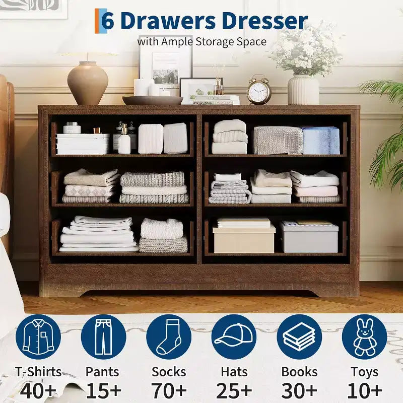 Dresser for Bedroom with 6 Drawers, 47.2'' Wide Chest of Large Decorative Drawer Front with Large Clothes Storage Cabinet, Wood Bedroom Dresser