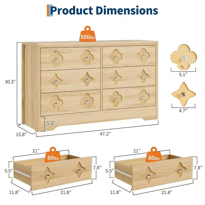 Dresser for Bedroom with 6 Drawers, 47.2'' Wide Chest of Large Decorative Drawer Front with Large Clothes Storage Cabinet, Wood Bedroom Dresser