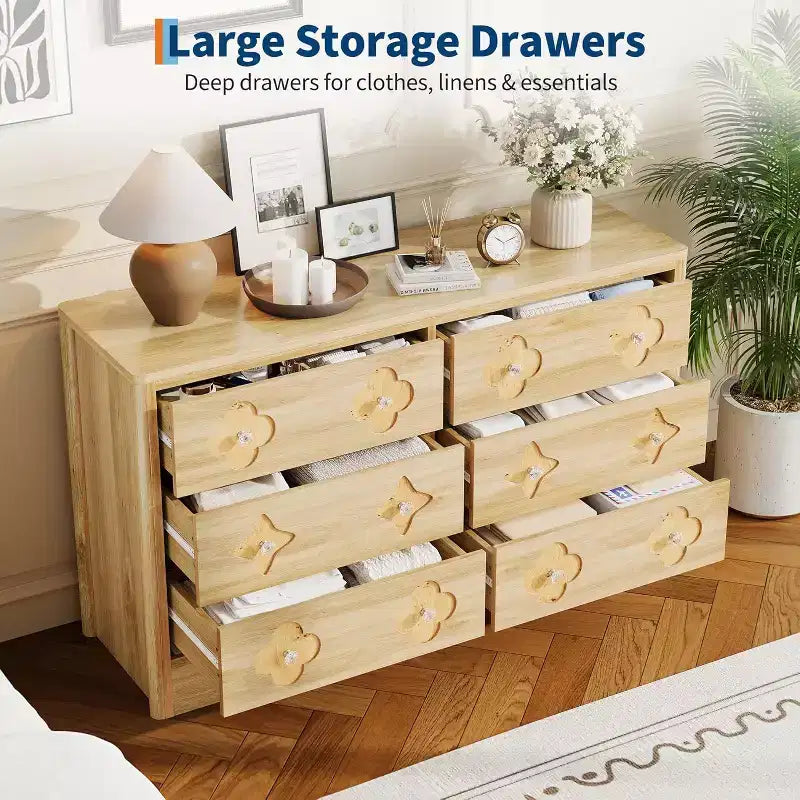 Dresser for Bedroom with 6 Drawers, 47.2'' Wide Chest of Large Decorative Drawer Front with Large Clothes Storage Cabinet, Wood Bedroom Dresser