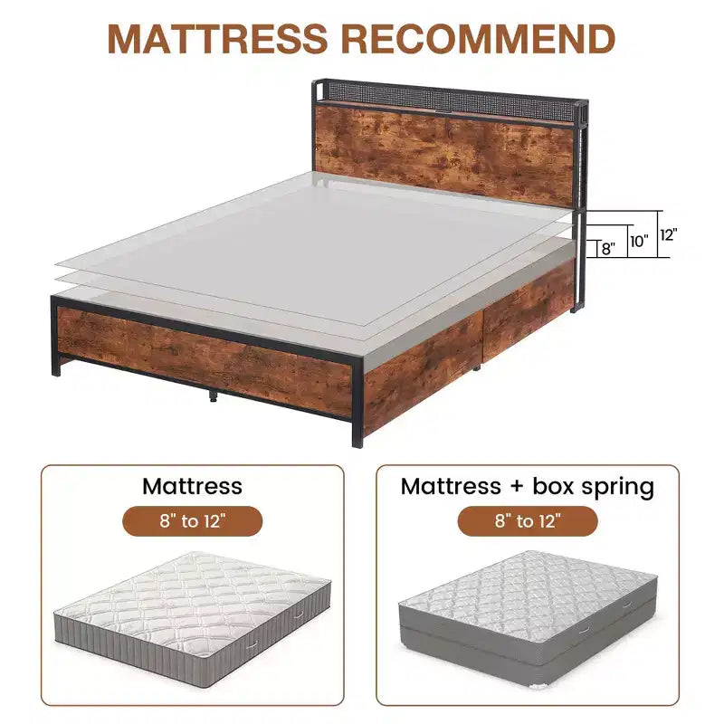 GustoWave Full/Queen Size Solid Wood Platform Bed Frame with 4 Storage Drawers & Charging Headboard - Brown