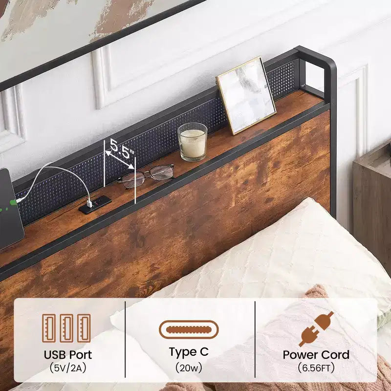 GustoWave Full/Queen Size Solid Wood Platform Bed Frame with 4 Storage Drawers & Charging Headboard - Brown
