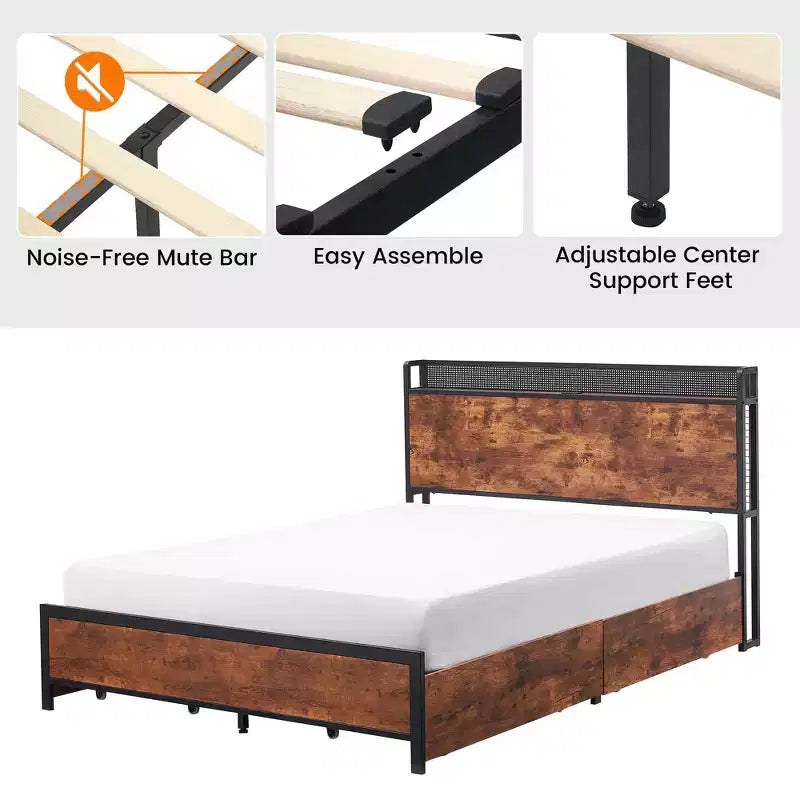 GustoWave Full/Queen Size Solid Wood Platform Bed Frame with 4 Storage Drawers & Charging Headboard - Brown
