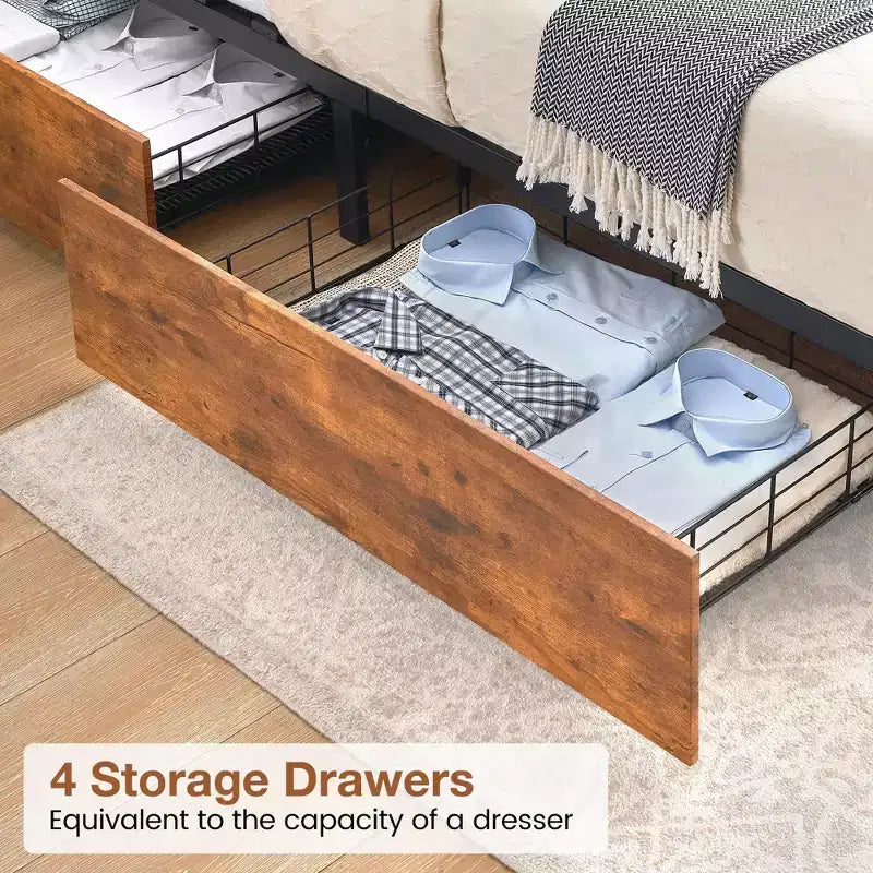 GustoWave Full/Queen Size Solid Wood Platform Bed Frame with 4 Storage Drawers & Charging Headboard - Brown
