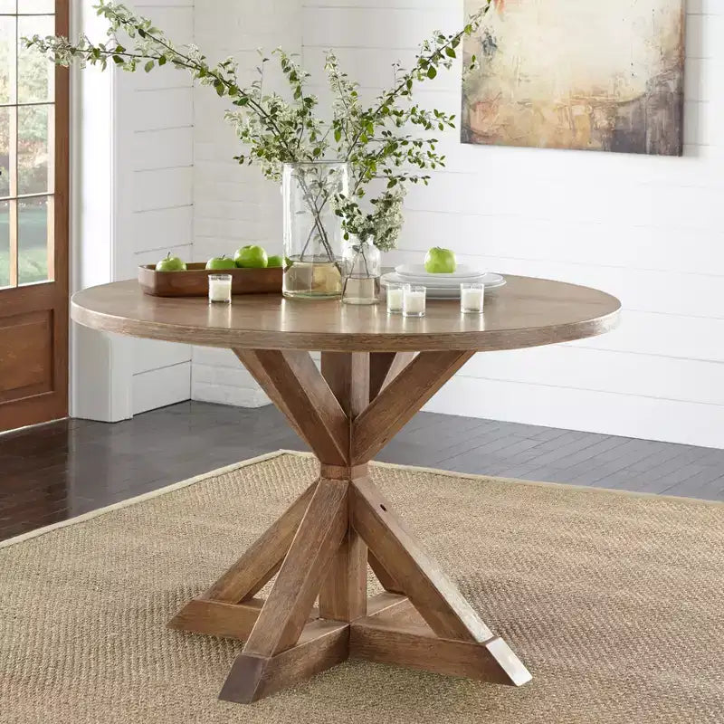 Buylateral 59" Roma Farmhouse Pedestal Dining Table Driftwood: Rubberwood & Veneer, 6 Seats, Pedestal Base