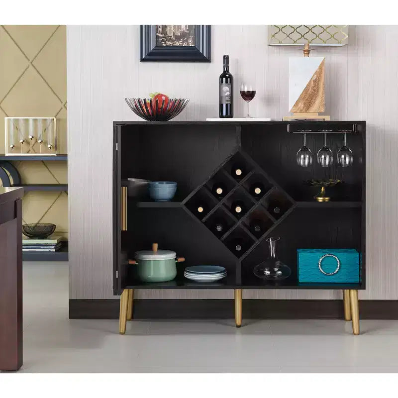 HOMES: Inside + Out Miko Wine Cabinet Galaxy Black: Modern Bar Storage, Glassware Rack, 9-Bottle Capacity