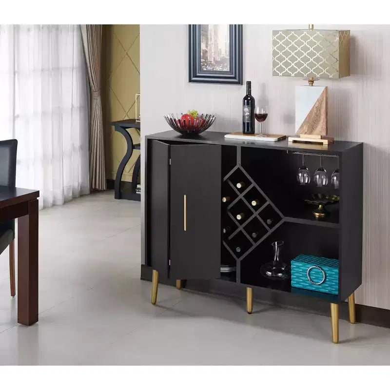 HOMES: Inside + Out Miko Wine Cabinet Galaxy Black: Modern Bar Storage, Glassware Rack, 9-Bottle Capacity