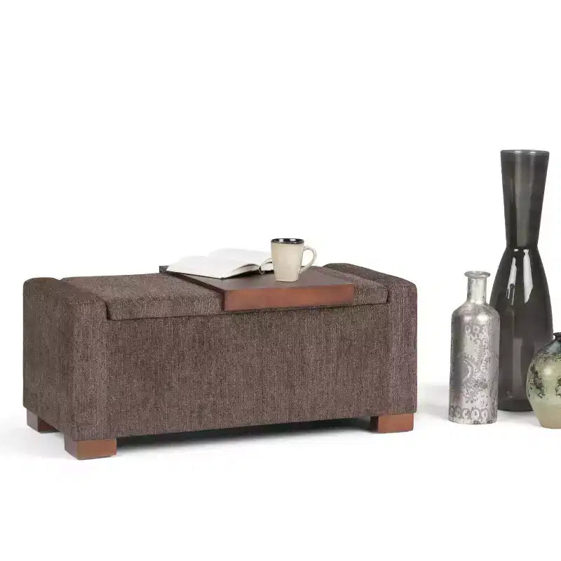 WyndenHall Crosby 43" Wide Transitional Rectangle Storage Ottoman in Deep Umber Brown Polyester Fabric, Assembled