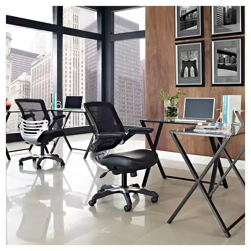 Edge Mesh Vegan Leather Seat Office Chair with Flip-Up Arms Black - Modway