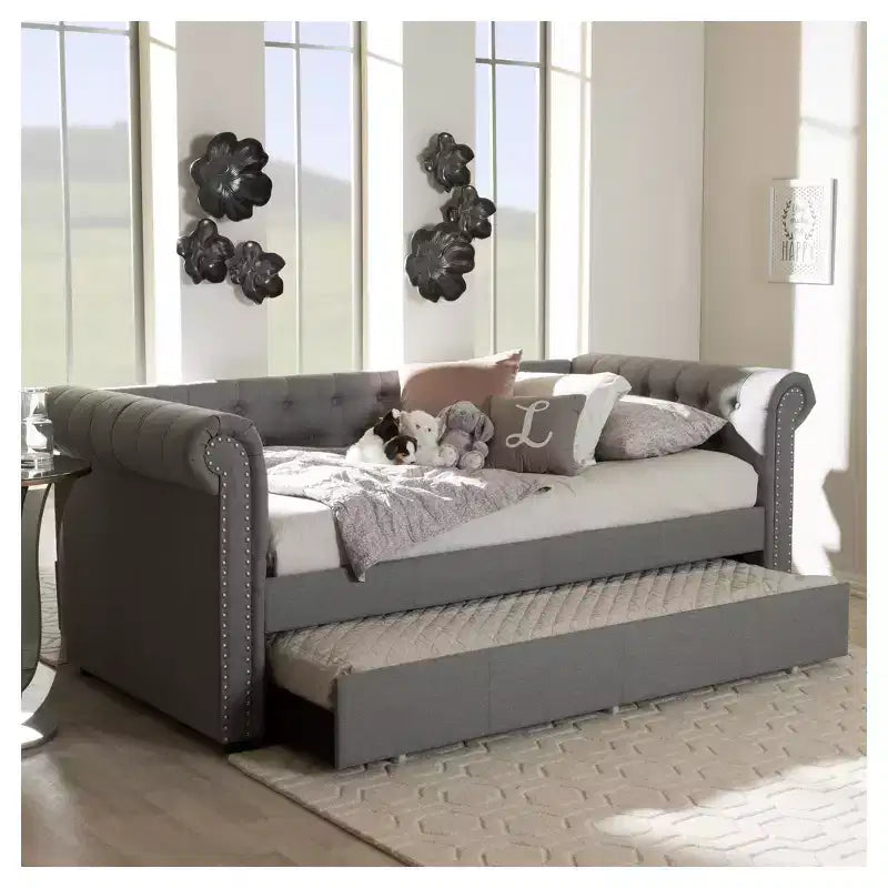 Twin Mabelle Modern and Contemporary Fabric Trundle Daybed - Baxton Studio