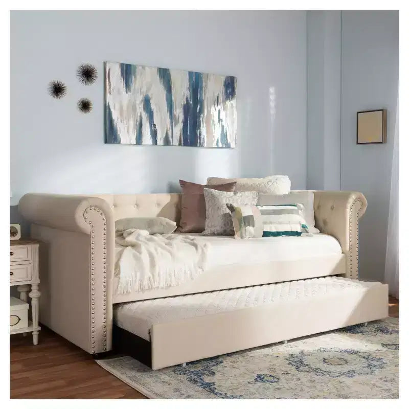 Twin Mabelle Modern and Contemporary Fabric Trundle Daybed - Baxton Studio