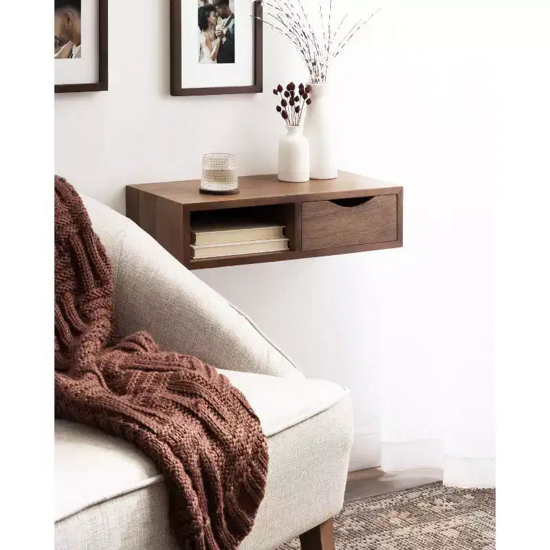 Kate and Laurel Hutton Rectangle Wood Floating Side Table, 22x10x5.5, Walnut Brown
