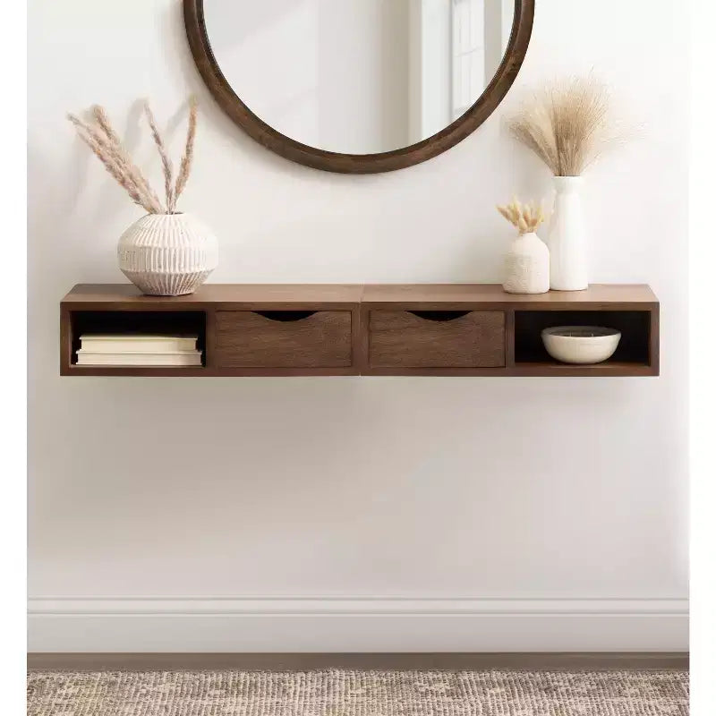 Kate and Laurel Hutton Rectangle Wood Floating Side Table, 22x10x5.5, Walnut Brown