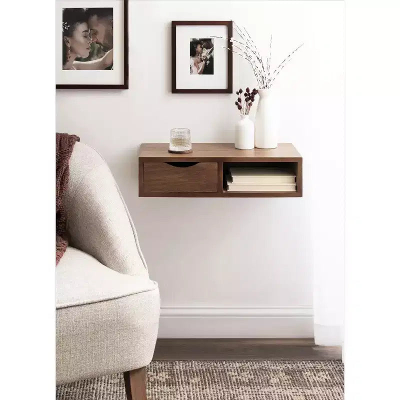 Kate and Laurel Hutton Rectangle Wood Floating Side Table, 22x10x5.5, Walnut Brown